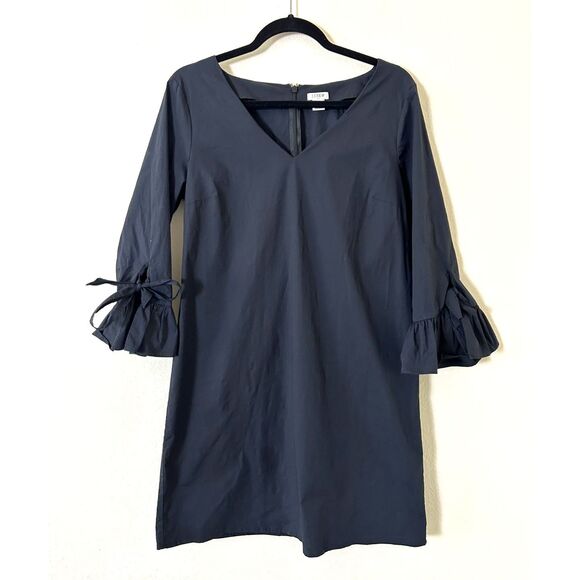 J Crew Ruffle Tie-Sleeve Shift Dress Size 12 Black V Neck Cotton 3/4‎ Sleeves - Picture 1 of 9
